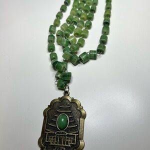 VTG Jade Green Beaded Necklace with Bronze Pendant